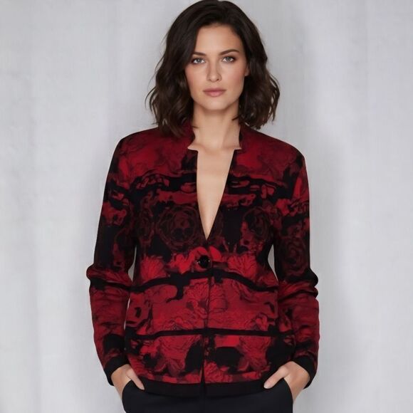 Ming Wang Deep Red & Black Rose Explosion Stand Up Notch Collar Knit Sweater - Picture 1 of 11